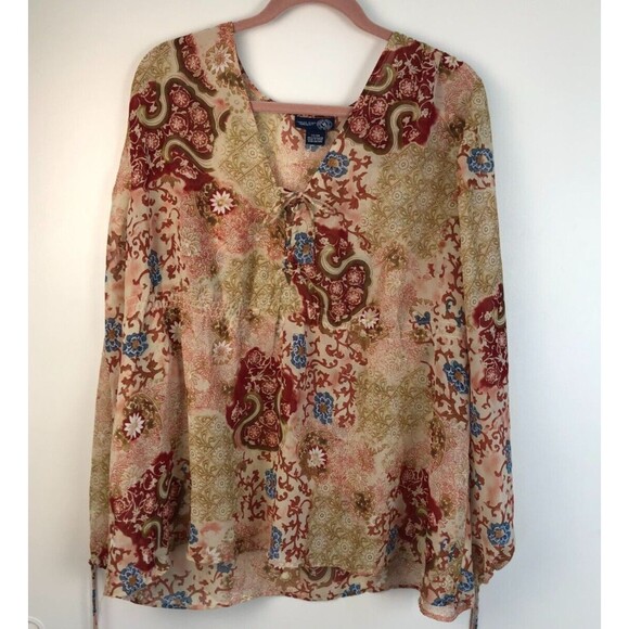 Lane Bryant Venezia 22/24 Chiffon Blouse Sheer Front Tie Boho Floral Romantic - Picture 1 of 8